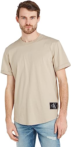 Calvin Klein T-shirt Maniche Corte Uomo Badge Turn Up Sleeve Scollo Rotondo, Beige (Plaza Taupe), XXS