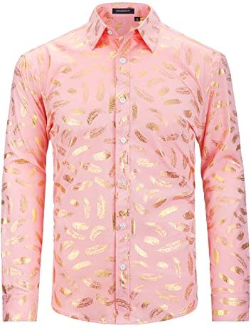 HISDERN Camicie Floreali Rosa Uomo Manica Lunga Casual Camicia Or Piuma Stampato Fantasia Motivo Camicie Elegante Partito Nozze Feste M