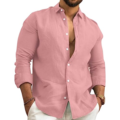 Puimentiua Camicia Lino Uomo Elegante Camicia Estiva Maniche Lunghe Camicia Coreana Uomo Tinta Unita Vacanze Beach