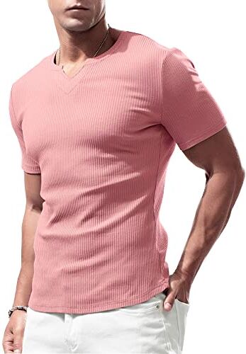 Lehmanlin Camicia a Maniche Lunghe T-Shirt Sportive da Uomo, Scollo a V Elasticizzato,vestibilità Muscolosa,Biancheria Intima Casual, Rosa XL