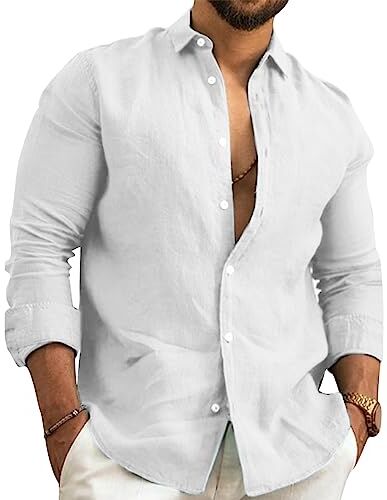 Puimentiua Camicia Lino Uomo Elegante Camicia Estiva Maniche Lunghe Camicia Coreana Uomo Tinta Unita Vacanze Beach