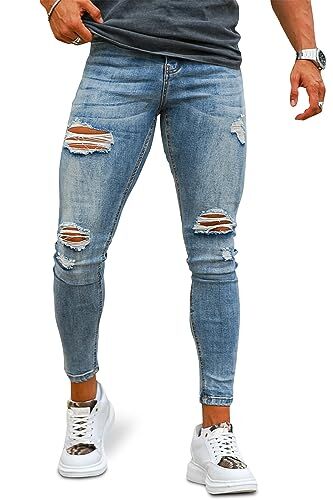 GINGTTO Jeans Uomo Blu Chiari Strappato Pantaloni Stretch Slim Fit Denim Dritti con Elastici Skinny Blu 34W/30L