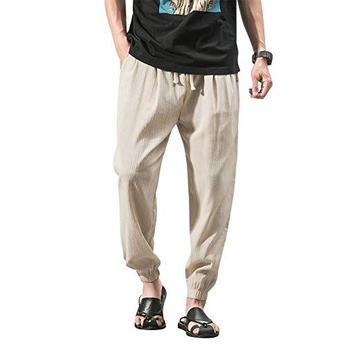 VANVENE Pantaloni casual da uomo in lino e cotone, leggeri e larghi, da spiaggia, yoga, gamba ampia cachi 3XL