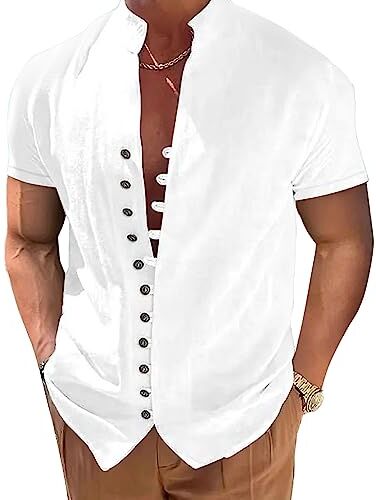 NIBESSER Camicia Lino Uomo Manica Corta Camicia Uomo Elegante Estiva Camicia Casual Coreana Uomo con Bottoni Tinta Unita Traspirante per Mare Spiaggia Vacanza, Maniche Corte- Bianco, S