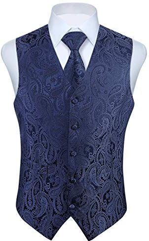 HISDERN Gilet da uomo Paisley floreale jacquard floreale cravatta tasca quadrata fazzoletto vestito set Blu navy