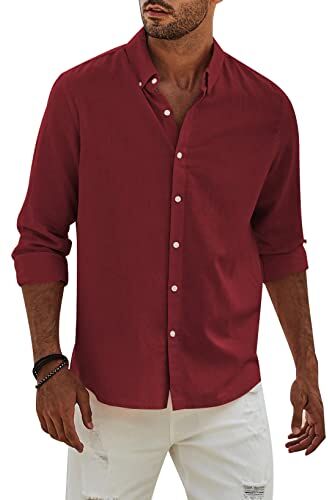 APOONABA Camicia Lino Uomo Manica Lunga Business Cotone Shirts con Bottoni Casual Tinta Unita Classica Elegante Camicia Regular Fit Molla Autunno Estate Rosso XL