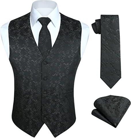 HISDERN Gilet da abito da uomo Nero Paisley Floreale Jacquard Gilet Cravatta Fazzoletto Elegante per la Festa Sposa S