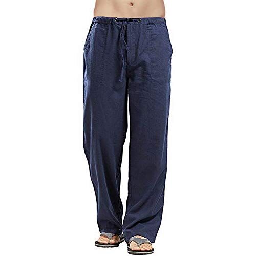 VANVENE Pantaloni da uomo in lino, stile casual, vestibilità larga, elastico in vita con coulisse, pantaloni a gamba dritta per yoga, spiaggia Blu L