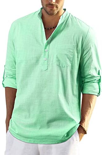 Enlision Maglietta Lino Uomo Casual Collo Coreana Primavera Autunno Manica Lunga Hawaiana Camicia Mare Uomo Verde Menta per Interni, Lavoro e Viaggie XXL