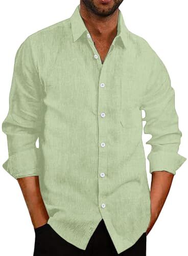 COOFANDY Camicia casual da uomo in lino camicia a maniche lunghe camicia da lavoro camicia estiva camicia da spiaggia tinta unita, Verde ghiaccio-1, M