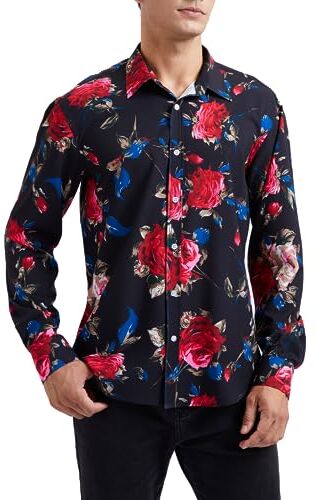 HISDERN Camicie Paisley da Uomo Camicia Funky Casual a Maniche Lunghe Nera Camicia abbottonata Fantasia Floreale vestibilità Regolare XL