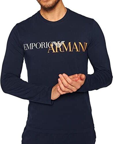 Emporio Armani Maglietta da Uomo 111907 0A516, a Maniche Lunghe, Scollo Rotondo, Blu Scuro/Logo Arancione, M