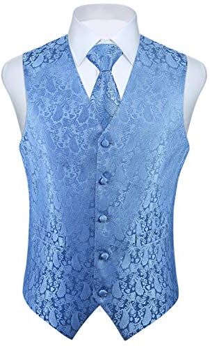 HISDERN Gilet da uomo Paisley floreale jacquard floreale cravatta tasca quadrata fazzoletto vestito set Azzurro