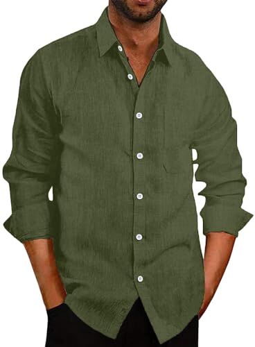 COOFANDY Camicia casual da uomo in lino camicia a maniche lunghe camicia da lavoro camicia estiva camicia da spiaggia tinta unita, Verde militare-1, L