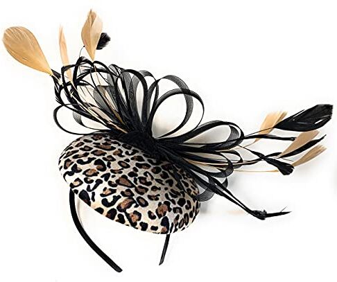 Caprilite Cerchietto per capelli leopardato e nero con mini piume, accessorio per capelli Ascot Races, per matrimoni