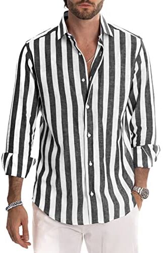 Meilicloth Camicia Uomo a Righe Cotone Manica Lunga Casual Lino Trama Western Regular Fit Nera Grigia Bianca XL