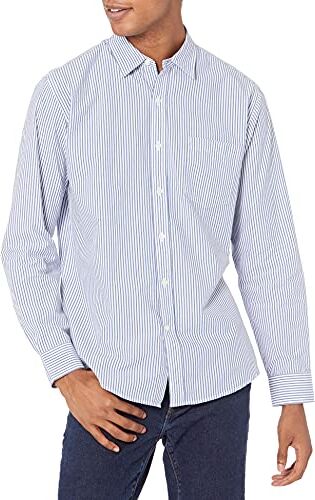 Amazon Essentials Camicia Casual in Popeline a Maniche Lunghe vestibilità Regular Uomo, Blu Bianco Righe Verticali, XS