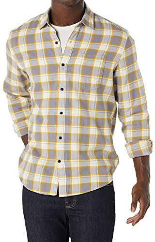 Amazon Essentials Camicia in Flanella a Maniche Lunghe (Disponibile in Taglie Extra Forti) Uomo, Grigio Giallo Motivo Scozzese, XL