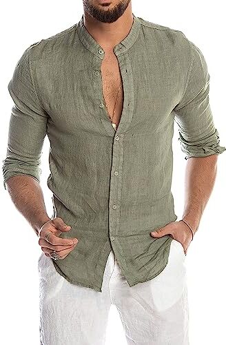 Evoga Camicia Uomo di Lino Manica Lunga Slim Fit Casual Estiva Coreana Traspirante (M, Verde)