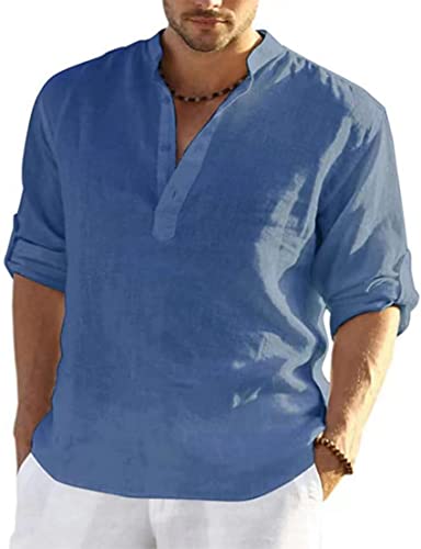 PADOLA Camicia in Lino Uomo Camicie Slim Fit Elegante Bianco Camicia Estiva Estate Maniche Lunghe Casual(L,Blu 2)