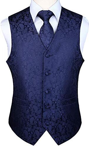 HISDERN Gilet da uomo Paisley floreale jacquard floreale cravatta tasca quadrata fazzoletto vestito set Blu navy