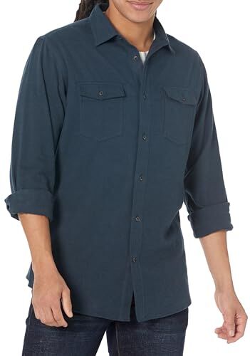 Amazon Essentials Camicia in Flanella vestibilità Regolare a Maniche Lunghe con Due Tasche Uomo, Blu Marino Slavato, L