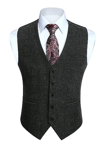 HISDERN Gilet da Uomo Grigio Scuro Elegante Classico Tinta Unita Panciotto Uomo in Cotone Casual Formale Senza Maniche da Cerimonia Festa 4XL