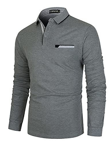 LIUPMWE Polo Uomo Manica Lunga in Cotone Basic Golf T-Shirt Clasic Plaid Cuciture Inverno,a-grigio01,XL