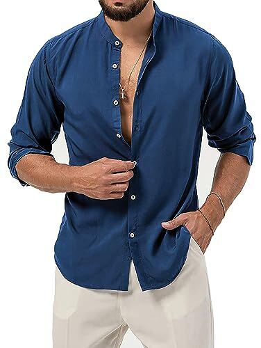 Evoga Camicia Uomo di Lino Manica Lunga Slim Fit Casual Estiva Coreana (M, Blu Chiaro)