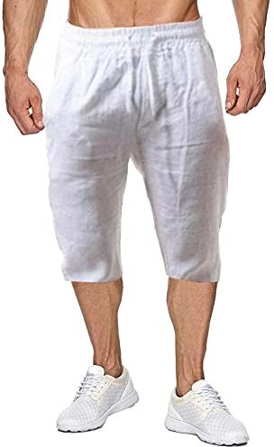 U/D Pantaloncini da spiaggia estivi da uomo in lino casual dalla vestibilità classica con coulisse (XL, White)