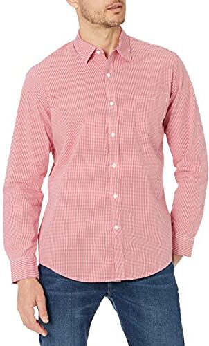 Amazon Essentials Camicia Casual in Popeline a Maniche Lunghe vestibilità Regular Uomo, Rosso Percalle, XS