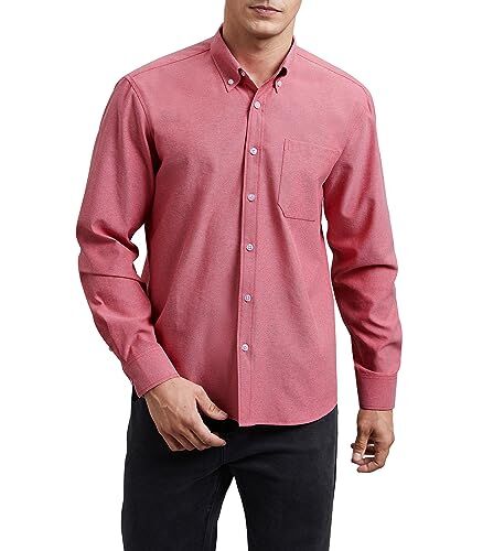 HISDERN Camicia da Uomo a Maniche Lunghe Rosso Oxford Camicie con Tasche Classiche Casual Cotone Camicia Regular Fit XL