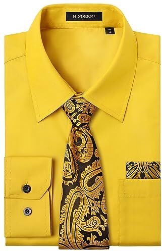 HISDERN Camicia Uomo Giallo Manica Lunga Elegante Camicia e Cravatta Casual Camicie Business Formale Camicie Matrimonio Casual con Tasca Regular XXL