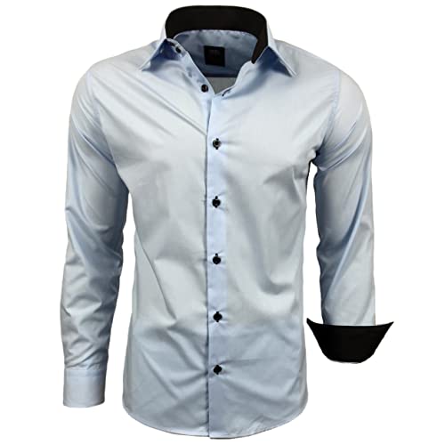 Subliminal Mode Stiratura Facile Camicia Uomo Colletto Bicolore Tinta Unita Maniche Lunghe Slim Business Idea Regalo, Natale, San Valentino RN44, Blu Light, Nascita