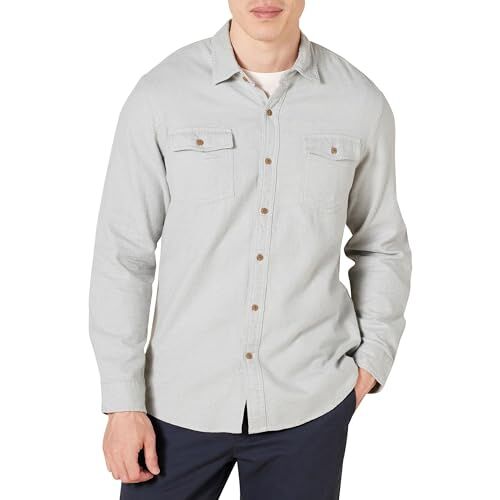 Amazon Essentials Camicia in Flanella con Due Tasche a Maniche Lunghe vestibilità Aderente Uomo, Grigio Chiaro Puntinato, XS