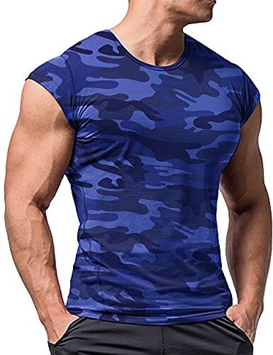 Muscle Alive Uomo Atletico Magliette Tees Corto Manica Muscolo Taglio per Bodybuilding Allenarsi Formazione Fitness Top Equipaggio Collo Cotone Blu Camo L