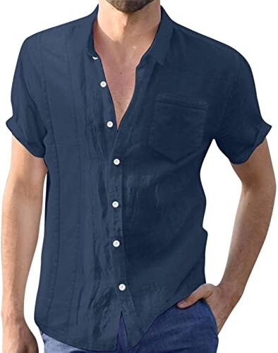 Generic Camicia da uomo a maniche corte estiva per il tempo libero, in cotone e lino, tinta unita, da lavoro, a maniche corte, Z02Marine, M