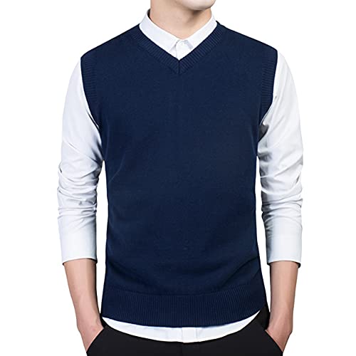 MANBOZIXi Maglioni Senza Maniche da Uomo Gilet in Maglia con Scollo a V, Blu M