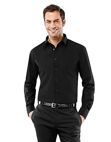 Vincenzo Boretti Camicia Uomo Eleganti, Taglio Normale/Regular-Fit, Collo Classico, Manica Lunga, in Tinta Unita Non Stiro/Non-Iron Nero 41-42