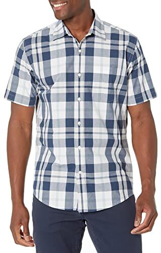 Amazon Essentials Camicia in Popeline a Maniche Corte Regular Fit Uomo, Bianco Blu Marino Motivo Quadri Grandi, XS