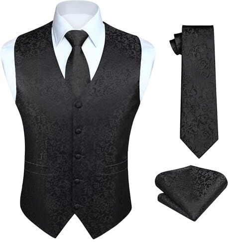 HISDERN Gilet da Uomo Nero Paisley Floreale Jacquard Gilet Cravatta e Fazzoletto Set Elegante Classico Panciotto Uomo L