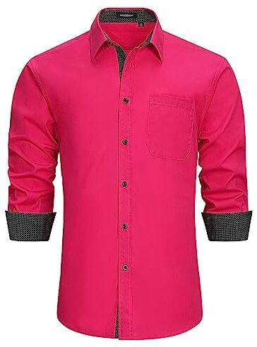 HISDERN Camicia Maniche Lunghe Uomo Slim Fit Casual Camicie Regolare Shirt Formale Camicia Rosa Fushia S