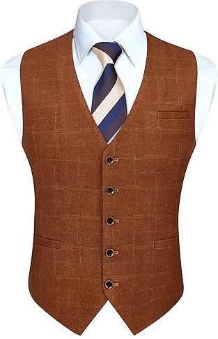 HISDERN Gilet da uomo arancione bruciato Gilet da matrimonio formale in cotone plaid classico Check Party Business Suit Vest, Arancio bruciata, XS