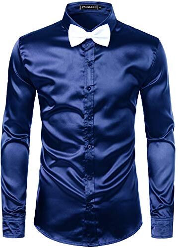 PARKLEES Camicia da uomo lucida, slim fit, in raso, a maniche lunghe, per feste, discoteche, blu navy, XXL