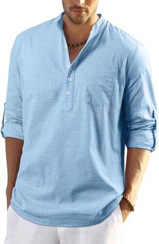 Enlision Estivi da Uomo Camicia in Cotone Lino a Manica Lunga con Bottoni Spiaggia Regular Fit Uomo Blu Colore Puro Classico Lavoro Shirts XL