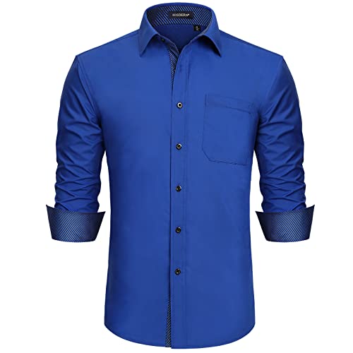 HISDERN Camicia Elegante Blu Royal Manica Lunga Formale Button Down Lavoro a Righe Marroni Colletto Floreale Elegante alla Moda Camicie Regular Fit L