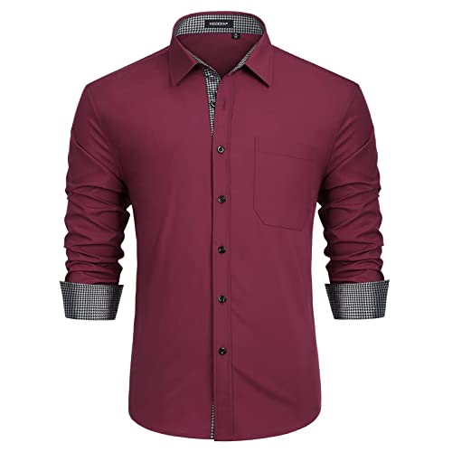 HISDERN Rosso Camicia Formale Elegante da Uomo Maniche Lungo Vestibilita Regolare Casual Matrimonio Business Camicia Abito Classico Abbottonato Shirt