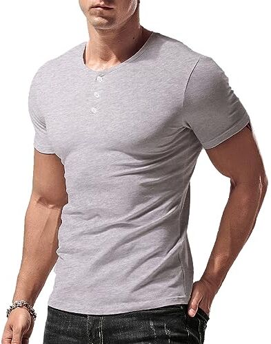 palglg Uomo vestibilità Slim Manica Short Henley Maglietta Casuale Scollo a V. Magliette Cotone Grigio S