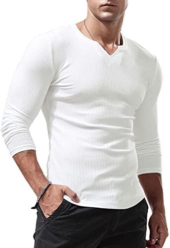 Lehmanlin Camicia a Maniche Lunghe T-Shirt Sportive da Uomo, Scollo a V Elasticizzato,vestibilità Muscolosa,Biancheria Intima Casual, Bianco XL