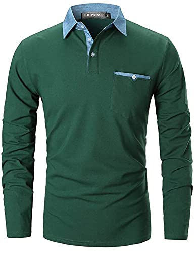 LIUPMWE Polo Uomo Manica Lunga Maglietta Cuciture in Denim Collare Cotone Basic Golf Casual T-Shirt,a-Verde,XXL